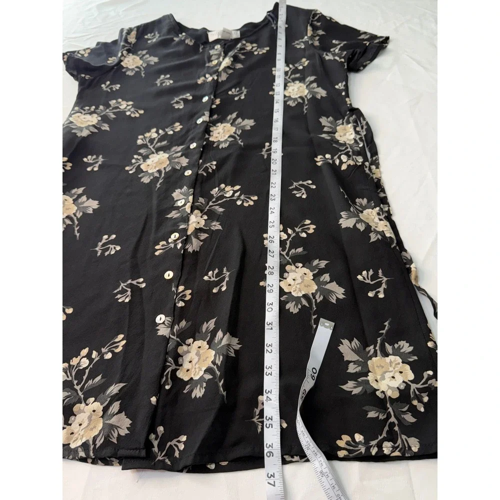Vintage 90s Valerie Stevens Pure Silk Black Floral Mini Dress Button Front 8 - Picture 7 of 8